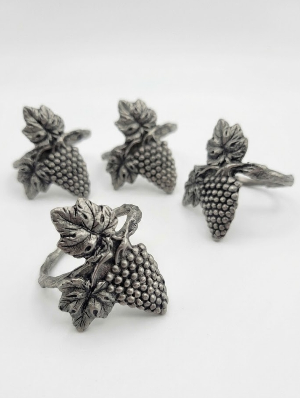 Vintage Pewter Grape and Leaf Napkin Rings Set of Four